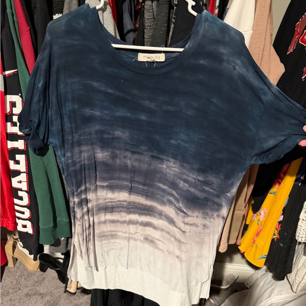 Free People Blue and White Gradient Short Sleeve Top